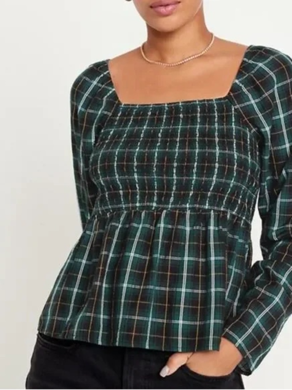 NWT Old Navy Smocked Seersucker Plaid Top size L